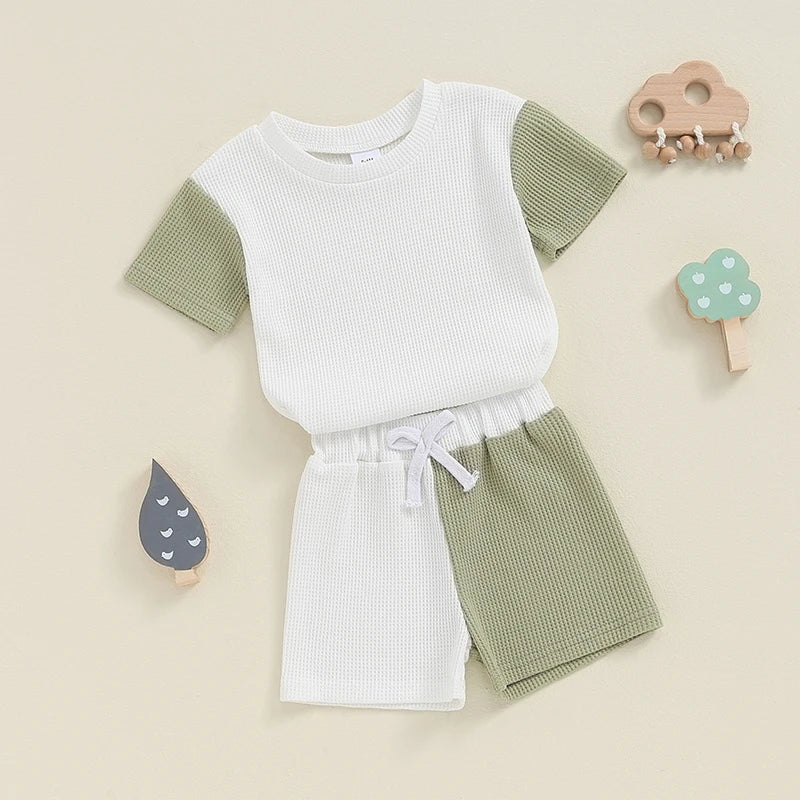 Baby Toddler Boys 2Pcs Summer Outfit Contrast Color Short Sleeves Top and Elastic Shorts Set