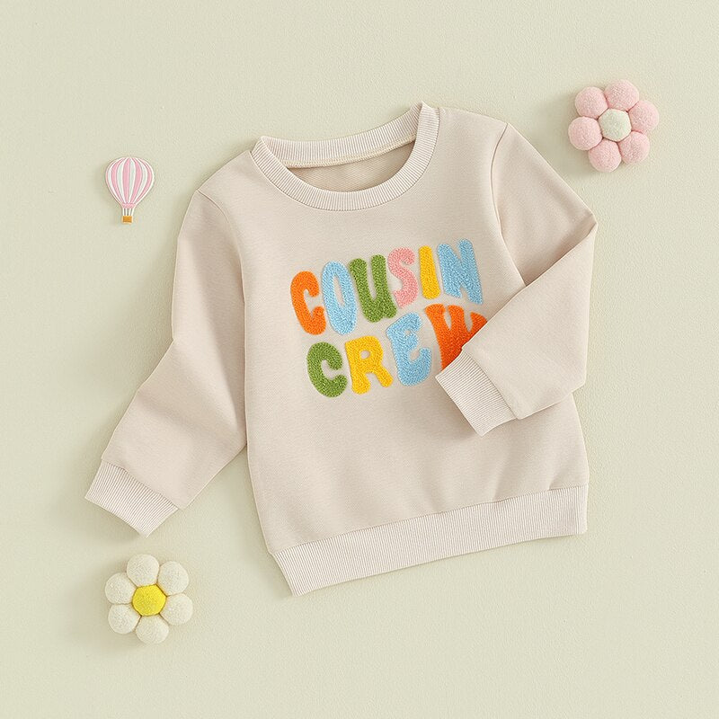 Toddler Baby Kids Boys Girls Fuzzy Letter Embroidery Cousin Crew Matching Long Sleeve Round Neck Pullover Loose Top