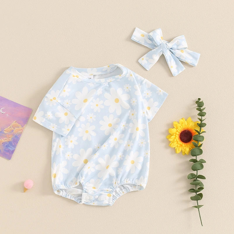 Baby Girl 2Pcs Summer Jumpsuit Daisy Flower Print Short Sleeve Round Neck Romper with Headband Set