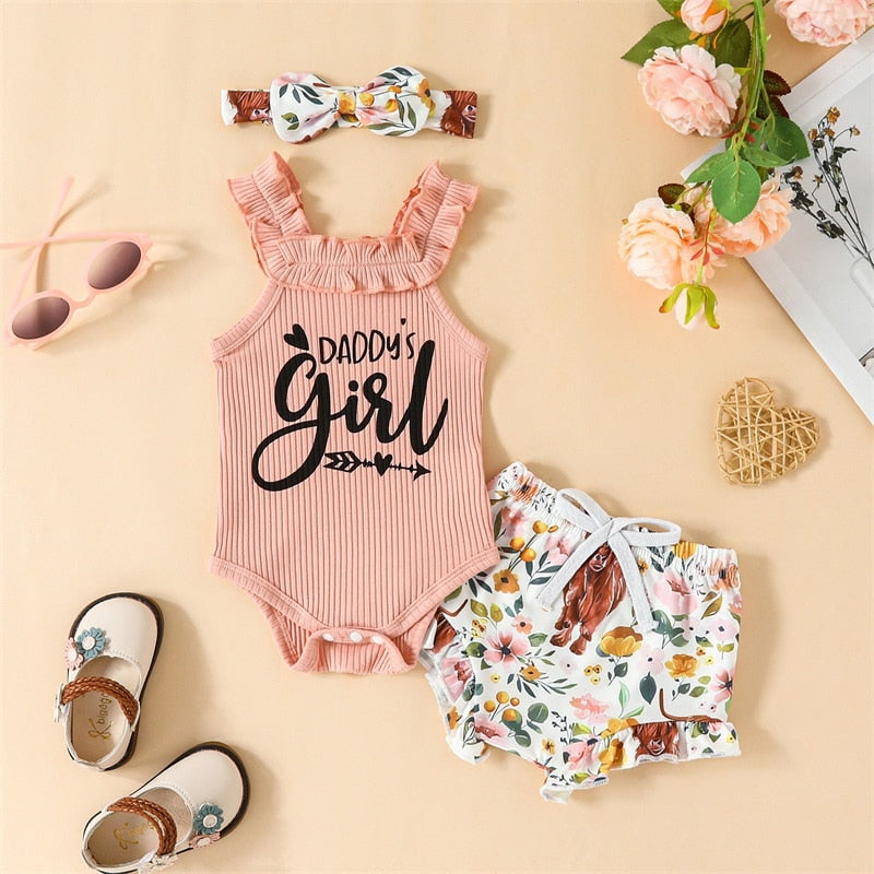 Infant Baby Girl 3Pcs Outfits Tank Top Daddys Little Girl Romper Cow Floral Print Shorts and Headband