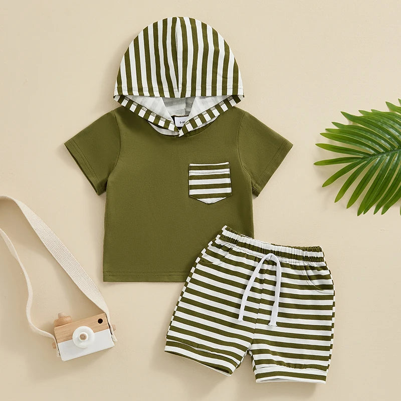 Toddler Baby Boy 2Pcs Summer Clothes Hooded Short Sleeve Top Stripes Shorts Hood Set Outfit