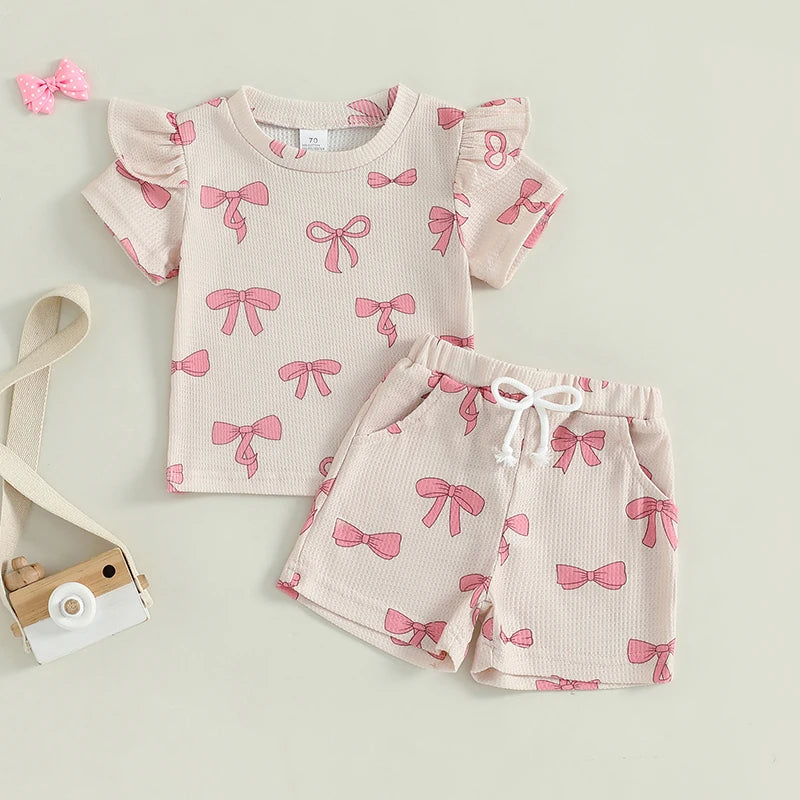 Baby Toddler Girls 2Pcs Summer Clothes Bow Print Short Frill Sleeve O-Neck T-Shirt Top with Elastic Waist Shorts Set Outfit