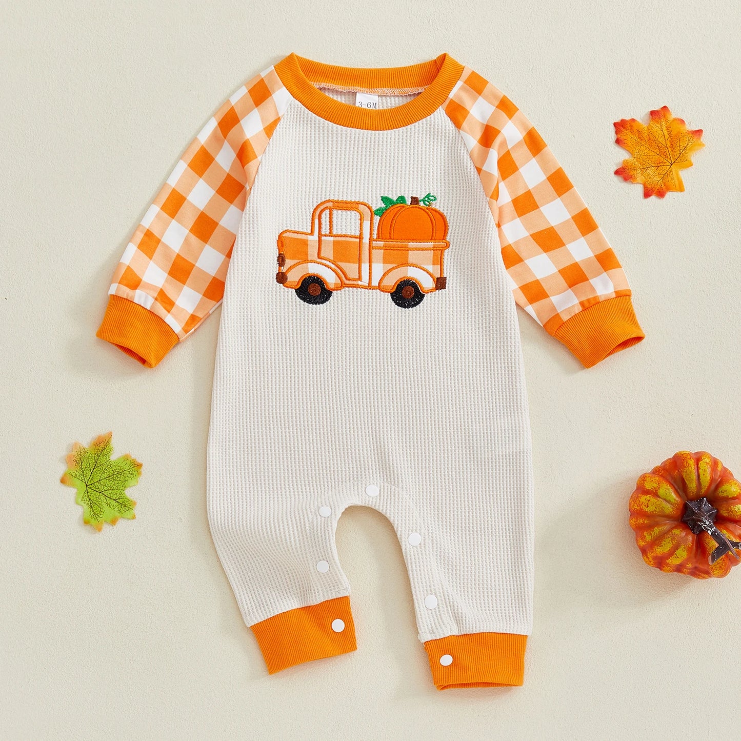 Baby Girl Boy Thanksgiving/Christmas Casual Jumpsuit Long Sleeve Round Neck Car Truck Pumpkin Christmas Tree Embroidery Plaid Romper