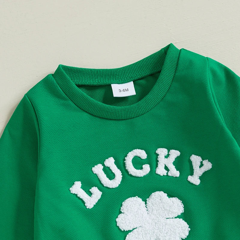 Baby Toddler Girls 2Pcs Lucky St. Patrick's Day Outfit Four Leaf Clover Long Sleeve Crewneck Top and Elastic Flare Pants Set Clothes