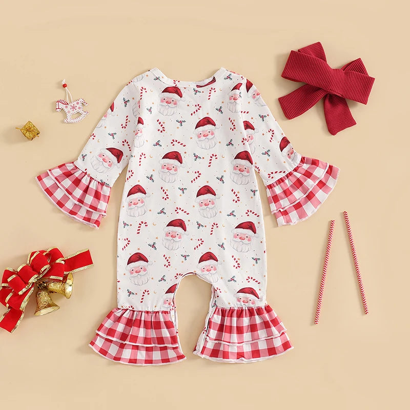 Baby Girls 2Pcs Romper Christmas Print Long Sleeve Jumpsuits Flare Sleeve and Pant and Cute Headband Set Infant Outfits