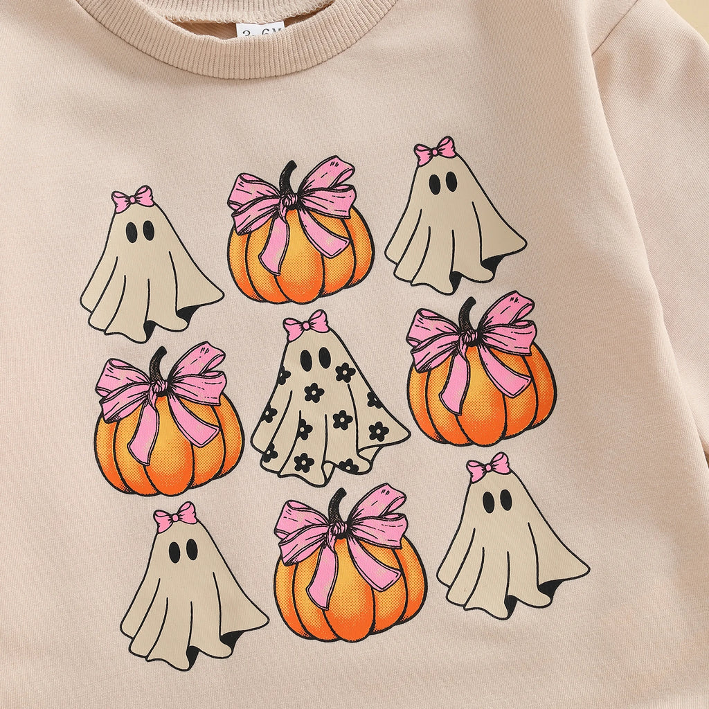 Baby Girl Halloween Bodysuit Long Sleeve Bow Ghost Pumpkin Print Bubble Romper Fall Playsuit