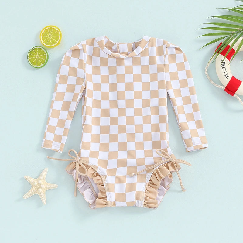 Baby Toddler Girls Beach Swimwear Long Sleeve Checkerboard Plaid Print Ruffle Romper Bathing Suit