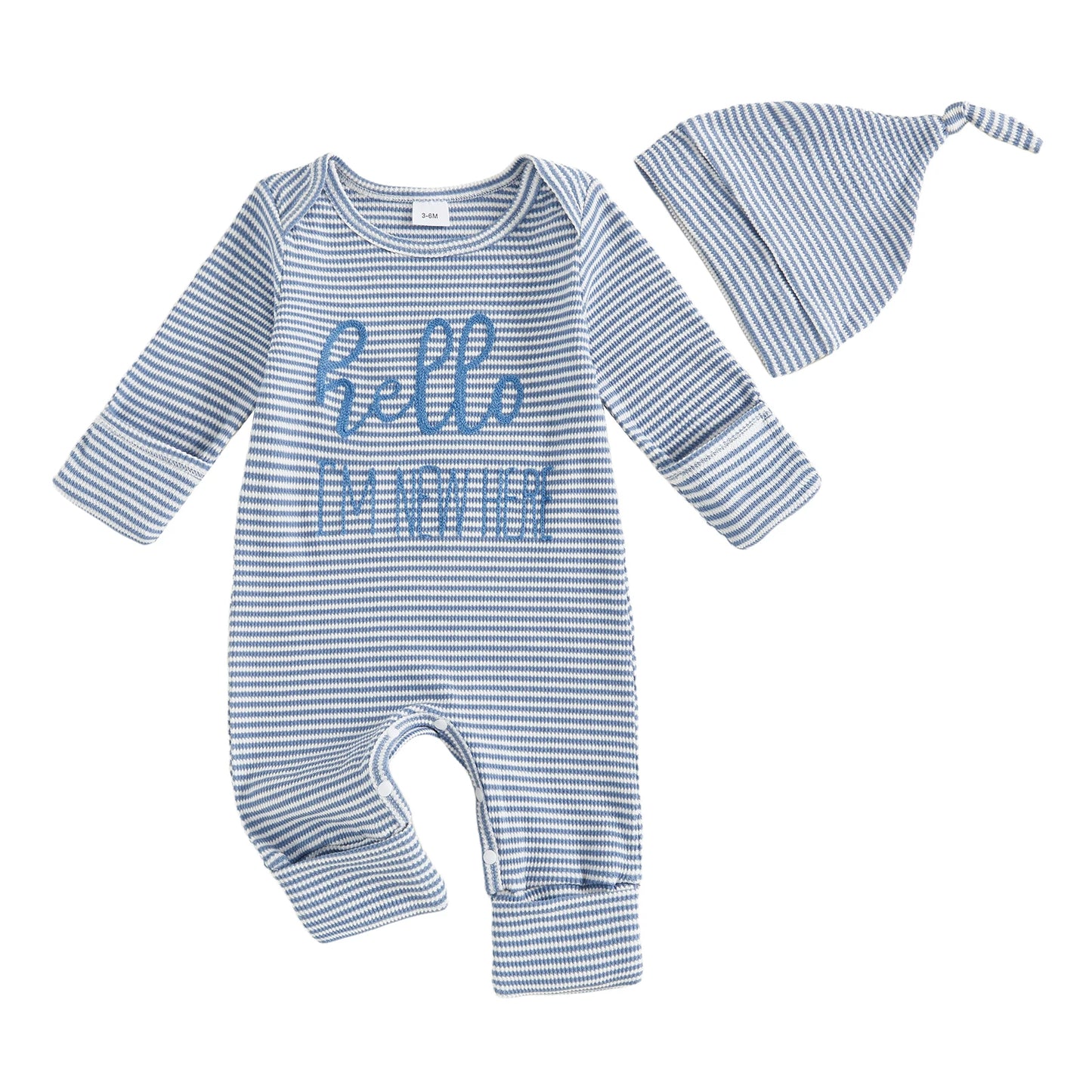Baby Boy 2Pcs Striped Hello I'm New Here Romper Letters Embroidery Round Neck Long Sleeve Jumpsuit with Hat Set