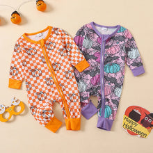 Load image into Gallery viewer, Baby Boys Girls Halloween Romper Pumpkin Print Long Sleeve Full Length Zipper Jumpsuit for Fall
