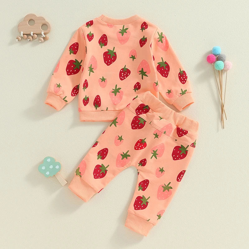 Baby Toddler Girls 2Pcs Outfit Strawberry Print Long Sleeve Crew Neck Top with Elastic Waist Pants Fall Set