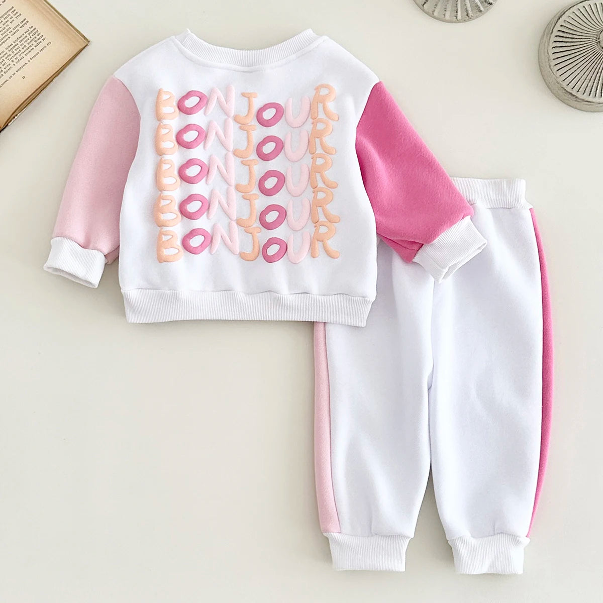 Baby Toddler Boys Girls 2Pcs Bonjour Jogger Set Outfit Letter Print Long Sleeve Top + Pants