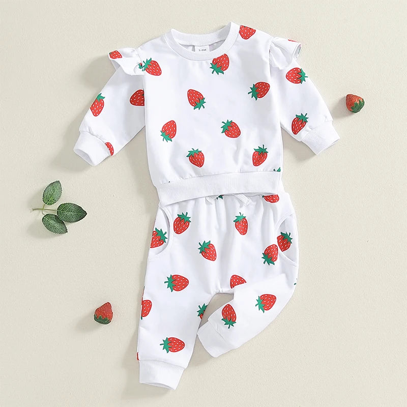 Baby Toddler Girls 2Pcs Outfit Strawberry Print Long Sleeve Crew Neck Top with Elastic Waist Pants Fall Set