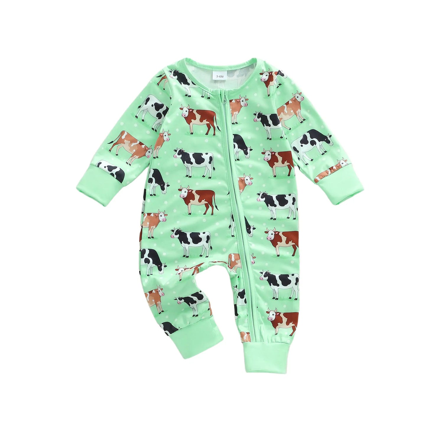 Baby Boy Girl Cow Printed Romper Fashionable Round Neck Long Sleeve Fall Spring Zipper Jumpsuits