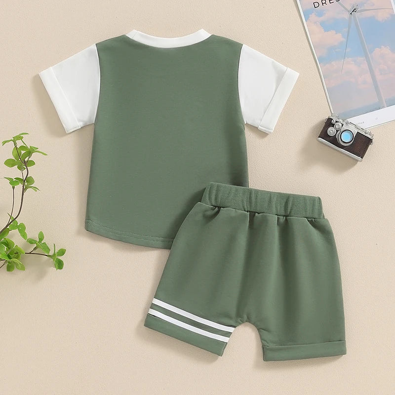 Toddler Baby Boys 2Pcs Short Sleeve Contrast Color Top and Drawstring Shorts Stripes Set Outfit