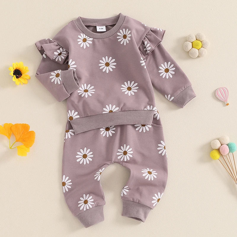 Baby Toddler Girls 2Pcs Fall Outfit Daisy Flower Print Long Sleeve Top with Elastic Waist Pants Set