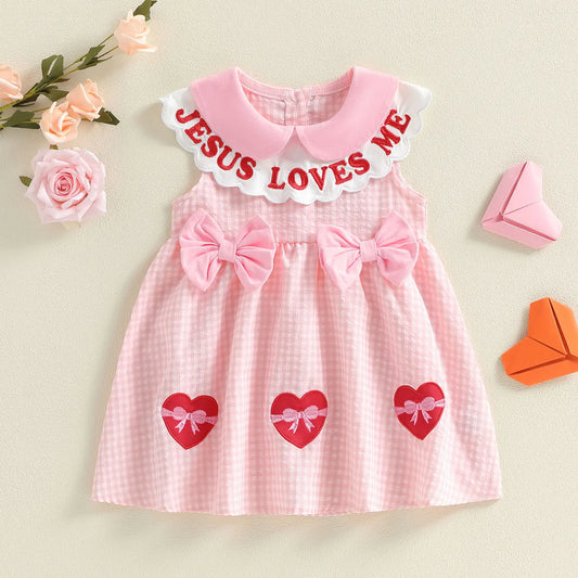 Baby Toddler Girls A-line Dress Valentine's Day Jesus Loves Me Sleeveless Doll Collar Letter Heart Embroidery Plaid Dress