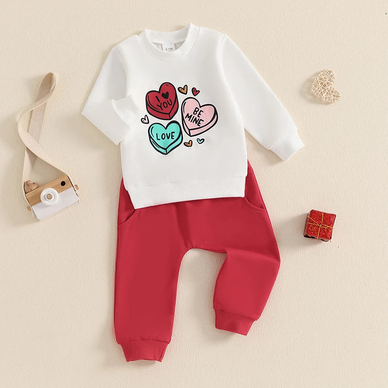 Baby Toddler Boys Girls 2Pcs Valentine's Day Outfit Heart Truck / Infinity You Me / Candy Hearts Print Crew Neck Long Sleeve Top Long Pants Valentines Jogger Set