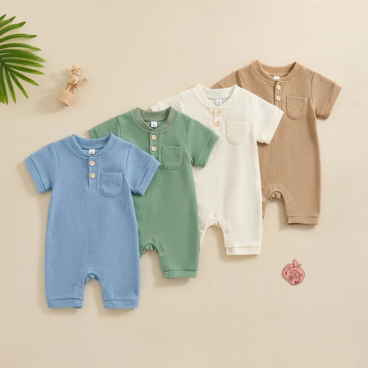 Baby Boy Girl Jumpsuit Summer Short Sleeve Solid Color Waffle Button Romper Playsuit