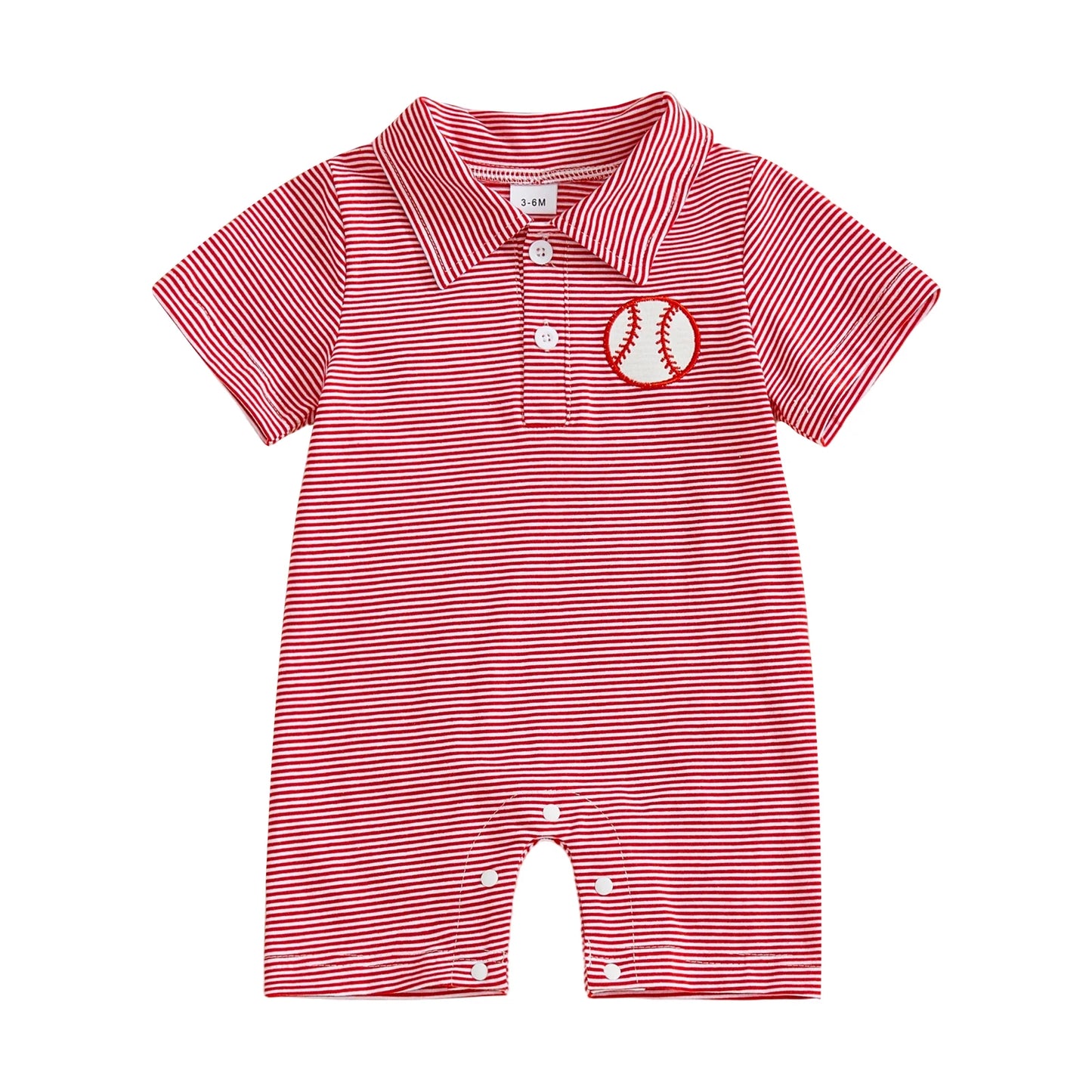 Baby Boy Romper Lapel Collar Short Sleeve Baseball Embroidery Upper Button Striped Jumpsuit
