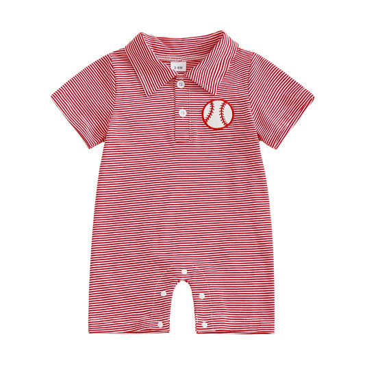 Baby Boy Romper Lapel Collar Short Sleeve Baseball Embroidery Upper Button Striped Jumpsuit