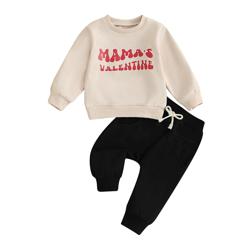 Toddler Baby Boy 2Pcs Valentine's Day Outfit Mama's Valentine Letter Print Long Sleeve Crewneck Top Jogger Pants Set