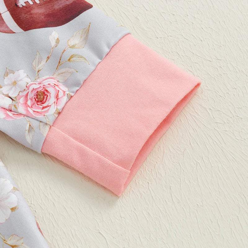 Baby Girl 2Pcs Fall Outfit Long Sleeve Football Flower Print Jumpsuit Zipper Romper with Headband Bow Set
