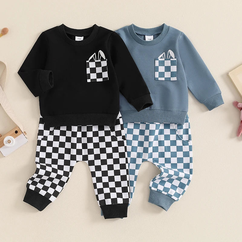 Baby Toddler Boys 2Pcs Autumn Outfit Long Sleeve O Neck Top Bunny Rabbit Ears Pocket Checkered Print Pants Set