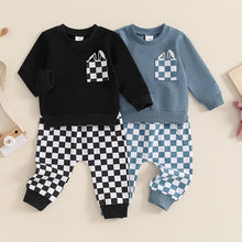 Load image into Gallery viewer, Baby Toddler Boys 2Pcs Autumn Outfit Long Sleeve O Neck Top Bunny Rabbit Ears Pocket Checkered Print Pants Set
