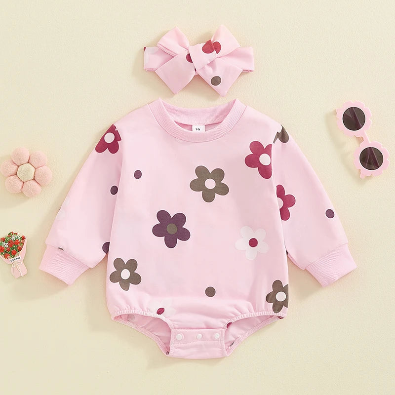 Baby Girls 2Pcs Buble Romper Floral Flowers Print Round Neck Long Sleeve Jumpsuit with Headband Fall Set