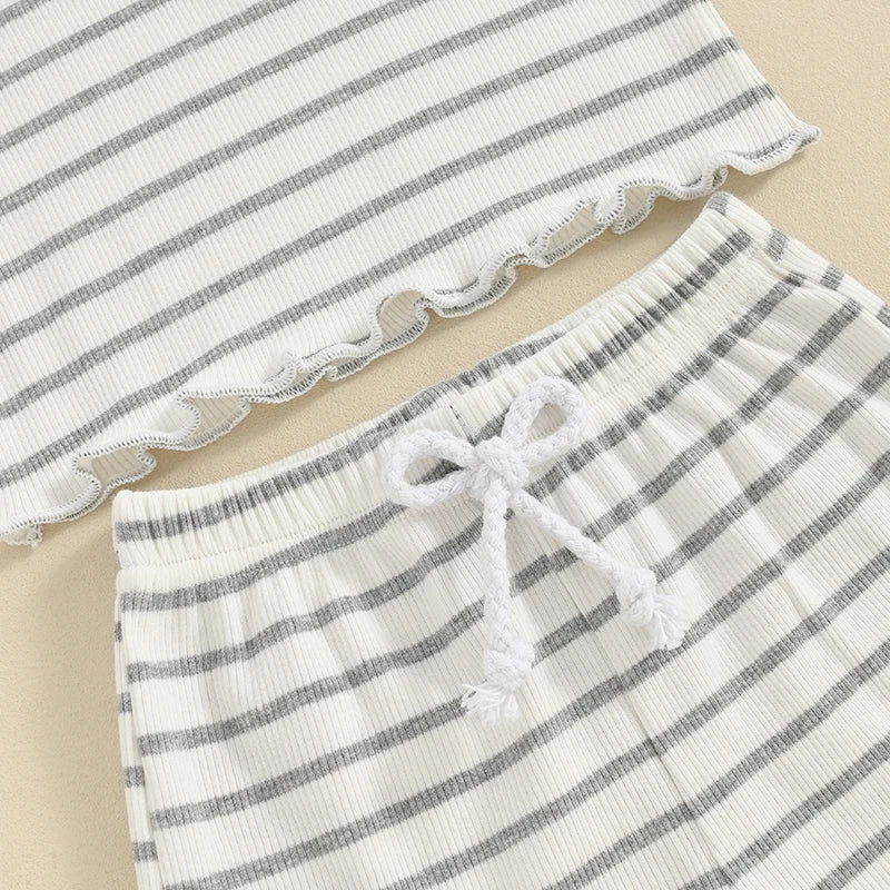 Baby Toddler Girl 2Pcs Summer Outfits Ruffles Short Sleeve Striped Top with Pocket T-Shirt + Matching Shorts Set