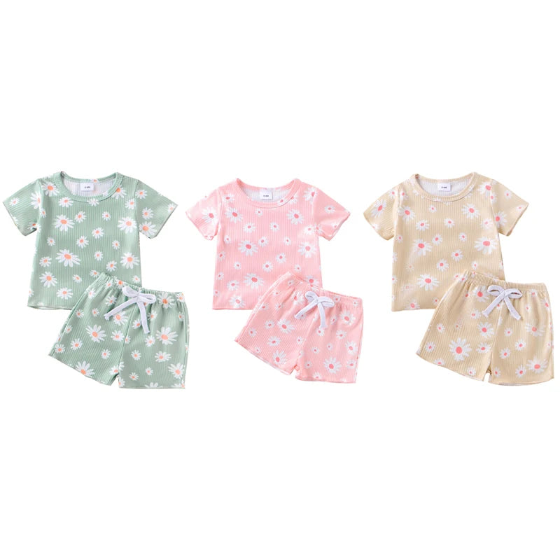 Baby Toddler Girl 2Pcs Clothes Set Round Neck Short Sleeve Daisy Flower Print Top + Elastic Waist Shorts Outfit