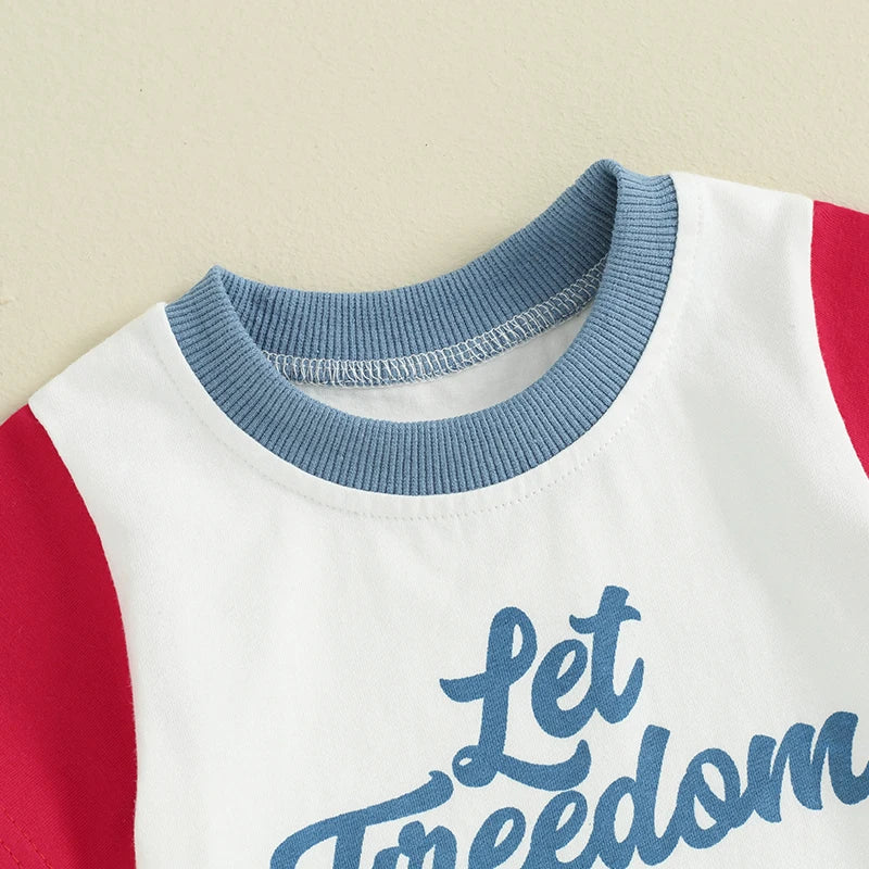 Baby Toddler Boys 2Pcs Let Freedom Ring 4th of July Independence Day Outfits Short Sleeve Letter Print Contrast Color Top and Drawstring Shorts Set