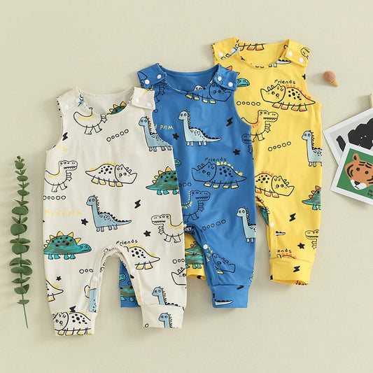 Baby Boys Summer Casual Jumpsuit Sleeveless Dinosaur Cartoon Print Button Romper