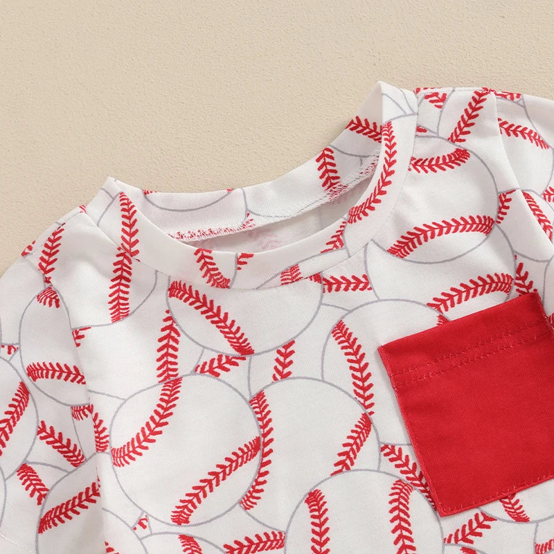 Baby Toddler Boys 2Pcs Baseball Print Pocket Short Sleeve Top Elastic Waist Shorts Clothes Set Outfit