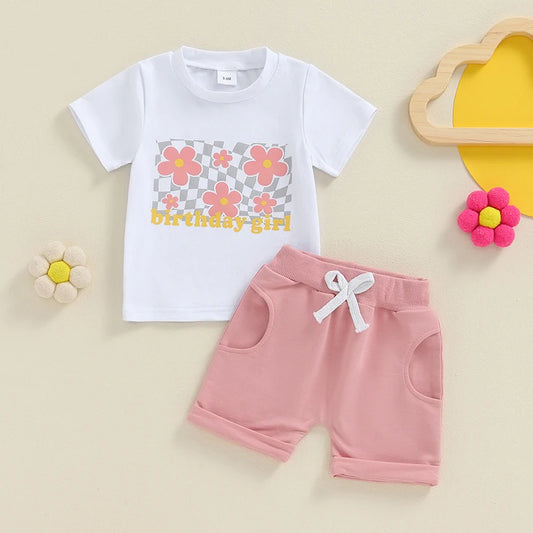 Baby Girl 2Pcs Birthday Girl One Year Old Flower Letter Print Short Sleeve Top Elastic Waist Shorts Outfit Set