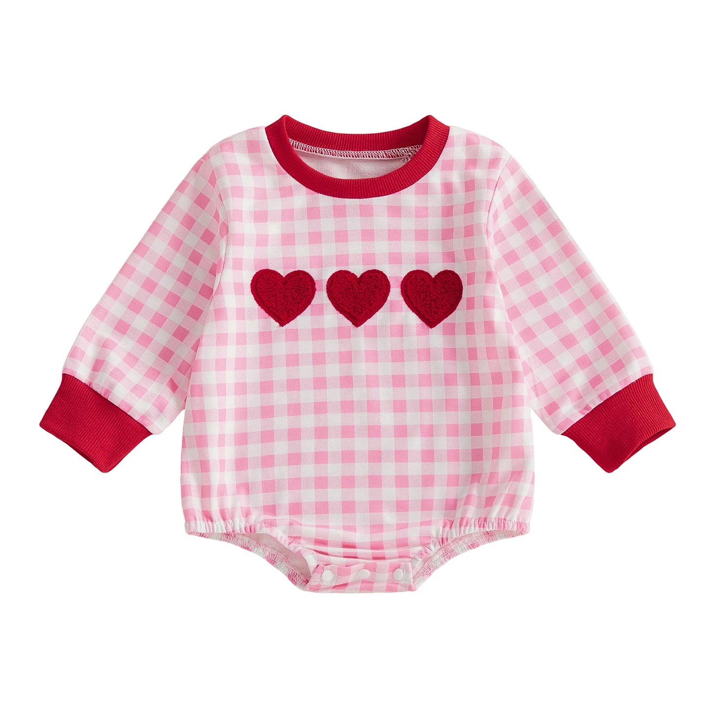 Baby Girls Romper Long Sleeve Crew Neck Plaid Embroidery Heart Bodysuit Valentine's Day Clothes