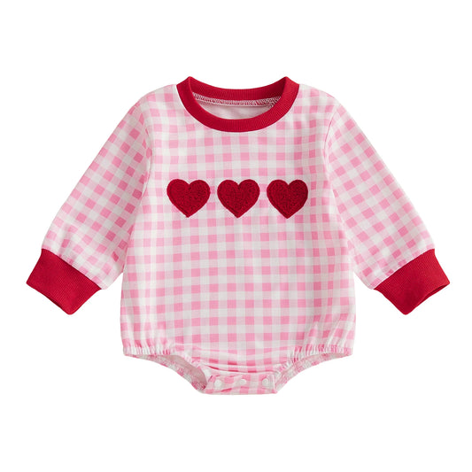 Baby Girls Romper Long Sleeve Crew Neck Plaid Embroidery Heart Bodysuit Valentine's Day Clothes