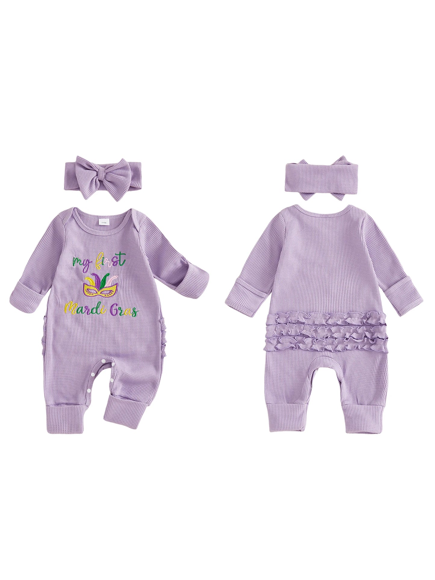 Baby Girl 2Pcs My First Mardi Gras Romper Letter Embroidery Full Length Long Sleeve Crew Neck Bodysuit Bow Headband Set
