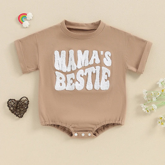 Baby Boy Girl Mama's Bestie Romper Casual Letter Embroidery Round Neck Short Sleeve Jumpsuit