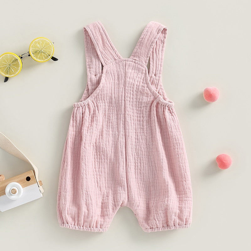 Infant Baby Boy Girl Summer Suspenders Jumpsuit Solid Romper with Pockets