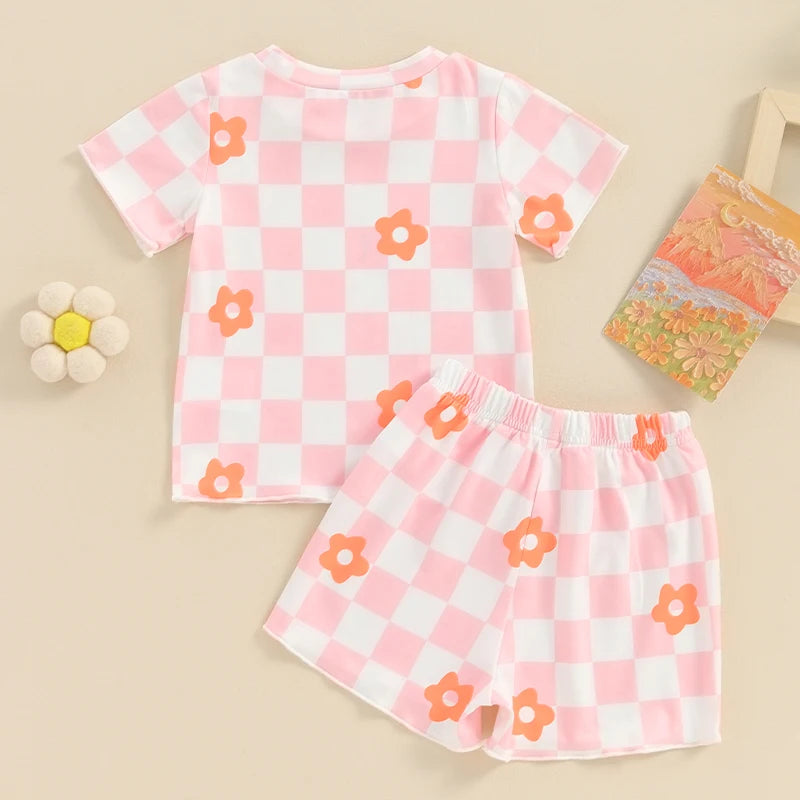 Baby Toddler Kids Girls 2Pcs Clothing Sets Floral Checkerboard Print Short Sleeve O-neck Top + Elastic Waist Shorts Set Outfit