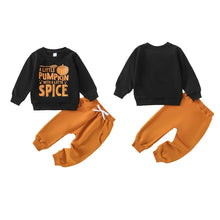 Load image into Gallery viewer, Baby Toddler Boys 2Pcs A Little Pumpkin With A Lotta Spice Halloween Outfit Pumpkin Letter Print Long Sleeve Pullover Top with Elastic Waist Pants Set
