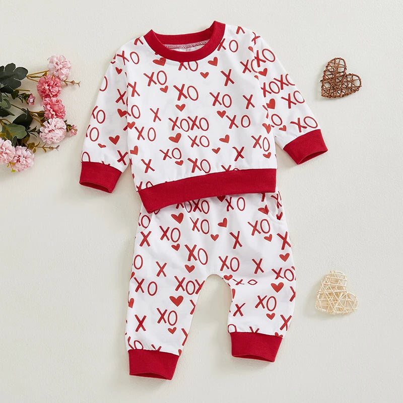 Baby Toddler Boys Girls 2Pcs Valentine's Day Outfit Heart Letter XOXO Love Long Sleeve Crewneck Top and Elastic Pants Valentines Jogger Set