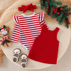Baby Girls 2Pcs Thanksgiving Christmas Outfits Stripe Long Sleeve Romper Turkey / Santa Embroidery Overalls Dress Headband Set