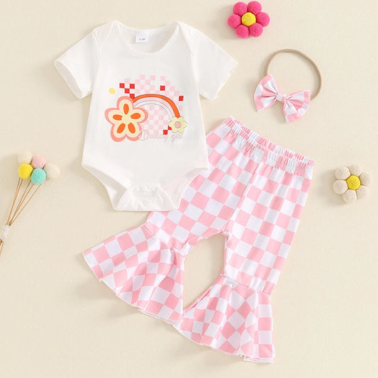 Baby Girls 3Pcs Summer Outfit Floral Rainbow Print Short Sleeve Romper and Checkered Flare Pants Headband Bow Clothes Set