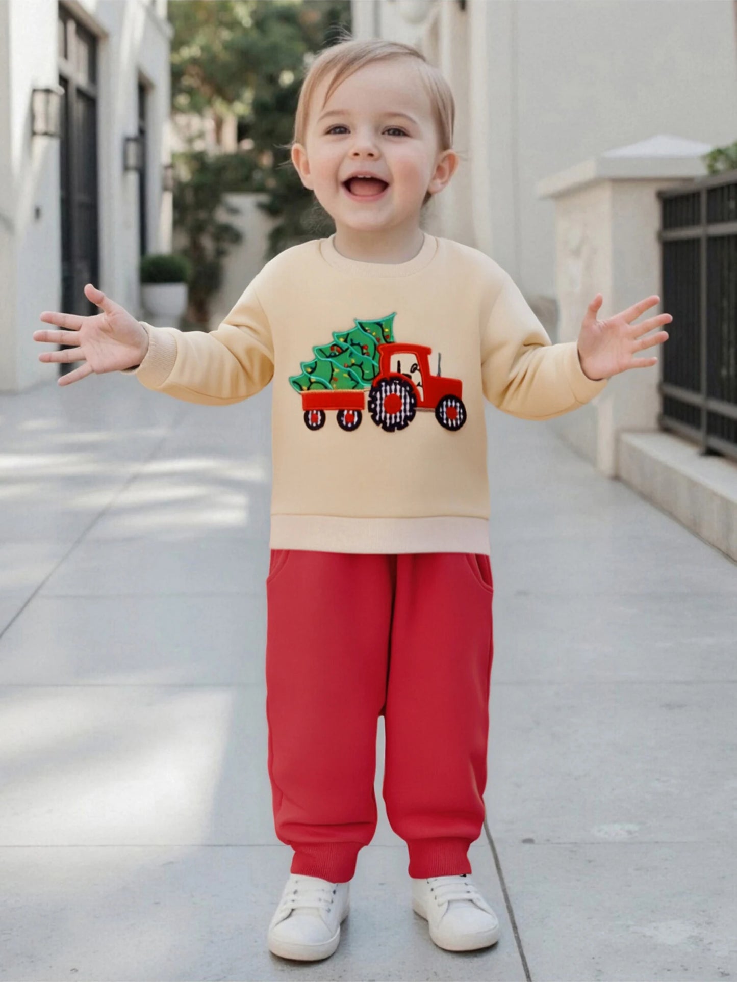 Baby Toddler Boys 2Pcs Christmas Set Truck and Christmas Tree Long Sleeve Round Neck Pullover Top Jogger Pants Set