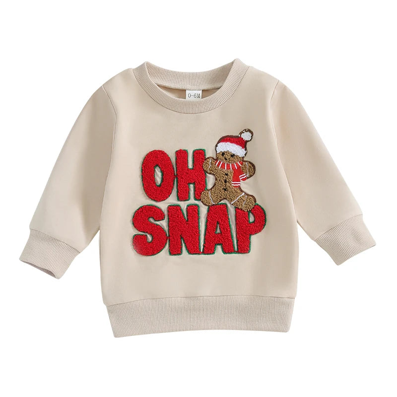 Baby Toddler Boys Girls Oh Snap Christmas Letter Gingerbread Man Embroidery Long Sleeve Crew Neck Pullover Top