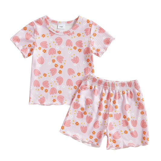 Baby Toddler Girls 2Pcs Ribbed Shorts Set Bow Heart Print Short Sleeve Round Neck Top Elastic Waistband Shorts