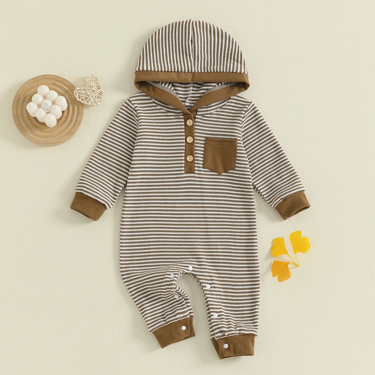 Baby Boy Striped Fall Romper Half Button-up Long Sleeve Hooded Jumpsuit Cute Waffle Clothes