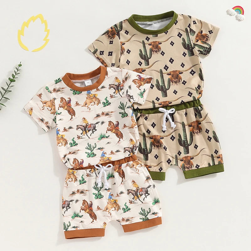 Baby Toddler Boys 2Pcs Western Outfit Short Sleeve Cactus Cattle Cow Horse Cowboy Print Top and Drawstring Shorts Set